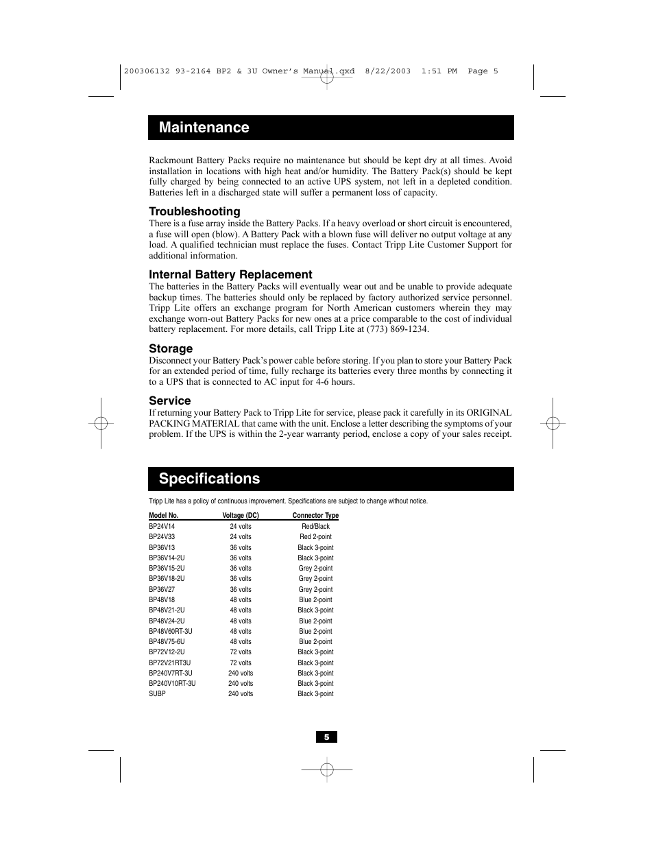Maintenance, Specifications, Troubleshooting | Internal battery replacement, Storage, Service | Tripp Lite BP36V13 User Manual | Page 5 / 7
