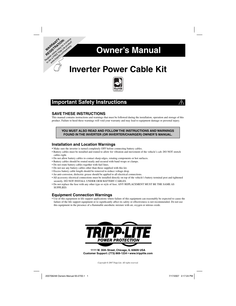 Tripp Lite Inverter Power Cable Kit User Manual | 2 pages