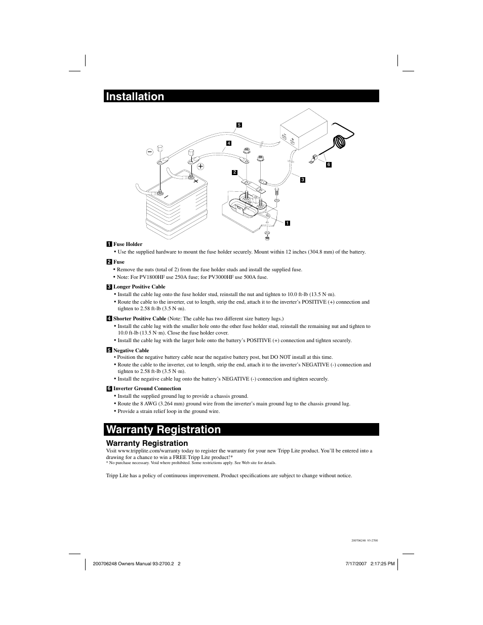 Installation, Warranty registration | Tripp Lite Inverter Power Cable Kit User Manual | Page 2 / 2