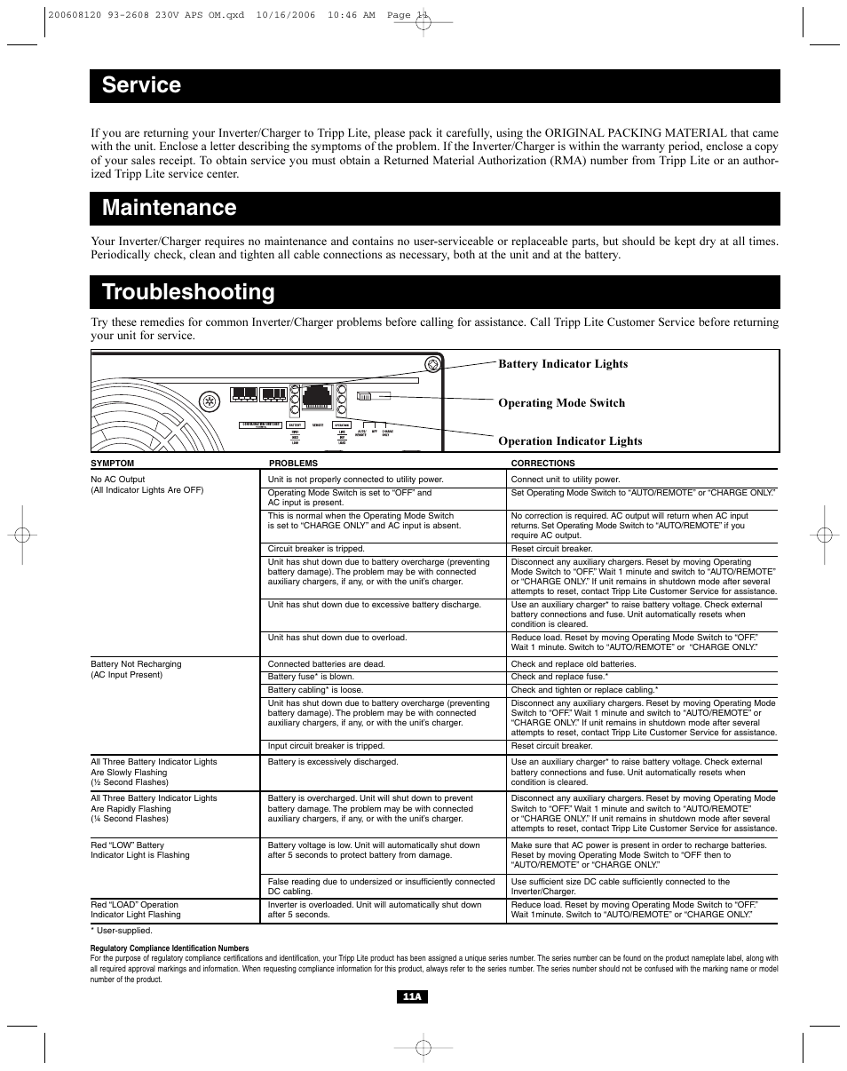 Service, Maintenance troubleshooting | Tripp Lite APSX Series User Manual | Page 11 / 12