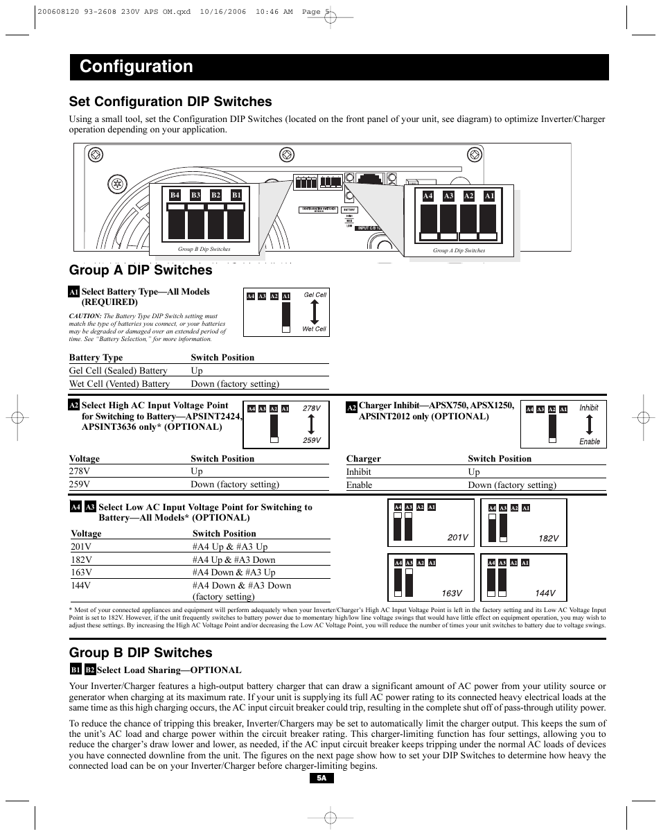 Configuration, Set configuration dip switches, Group a dip switches | Group b dip switches | Tripp Lite APSX Series User Manual | Page 5 / 12