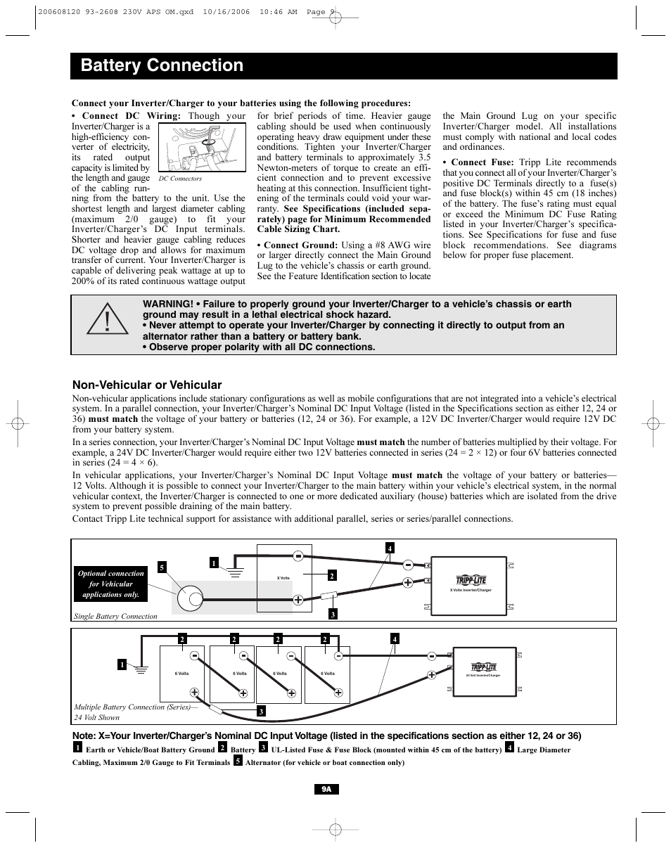 Battery connection, Non-vehicular or vehicular | Tripp Lite APSX Series User Manual | Page 9 / 12