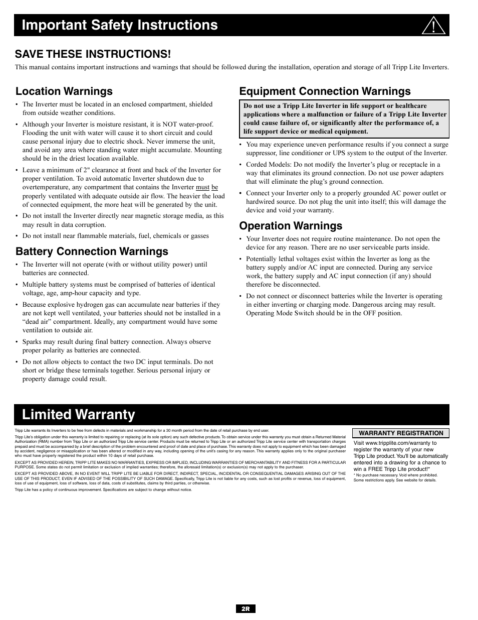 Important safety instructions, Limited warranty, Location warnings | Battery connection warnings, Equipment connection warnings, Operation warnings, Save these instructions | Tripp Lite Utility/ Work Truck DC-to-AC Inverters User Manual | Page 2 / 12