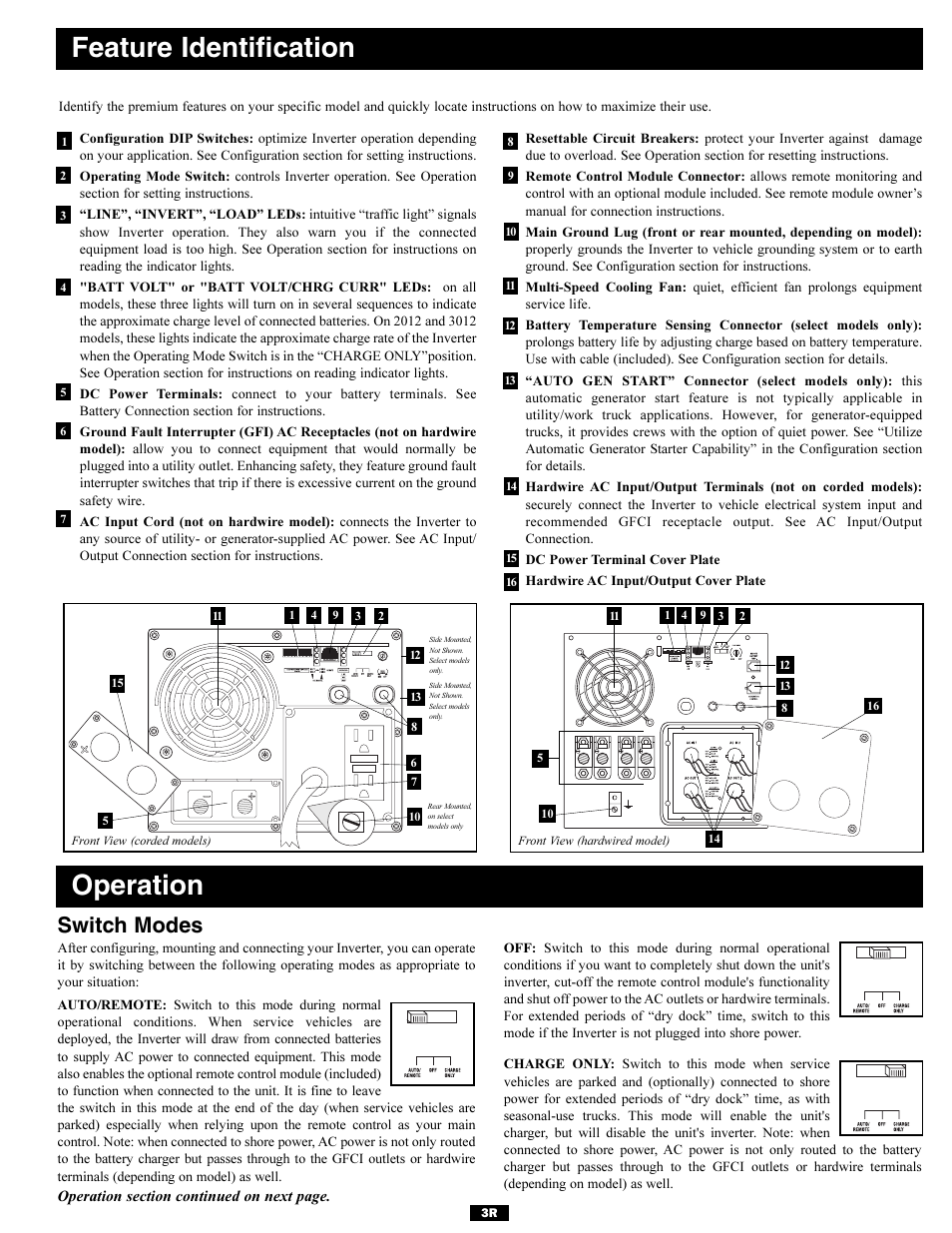 Feature identification, Operation, Switch modes | Tripp Lite Utility/ Work Truck DC-to-AC Inverters User Manual | Page 3 / 12
