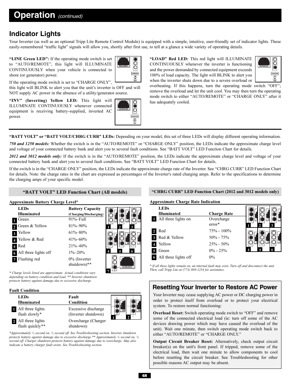 Operation, Indicator lights, Resetting your inverter to restore ac power | Tripp Lite Utility/ Work Truck DC-to-AC Inverters User Manual | Page 4 / 12