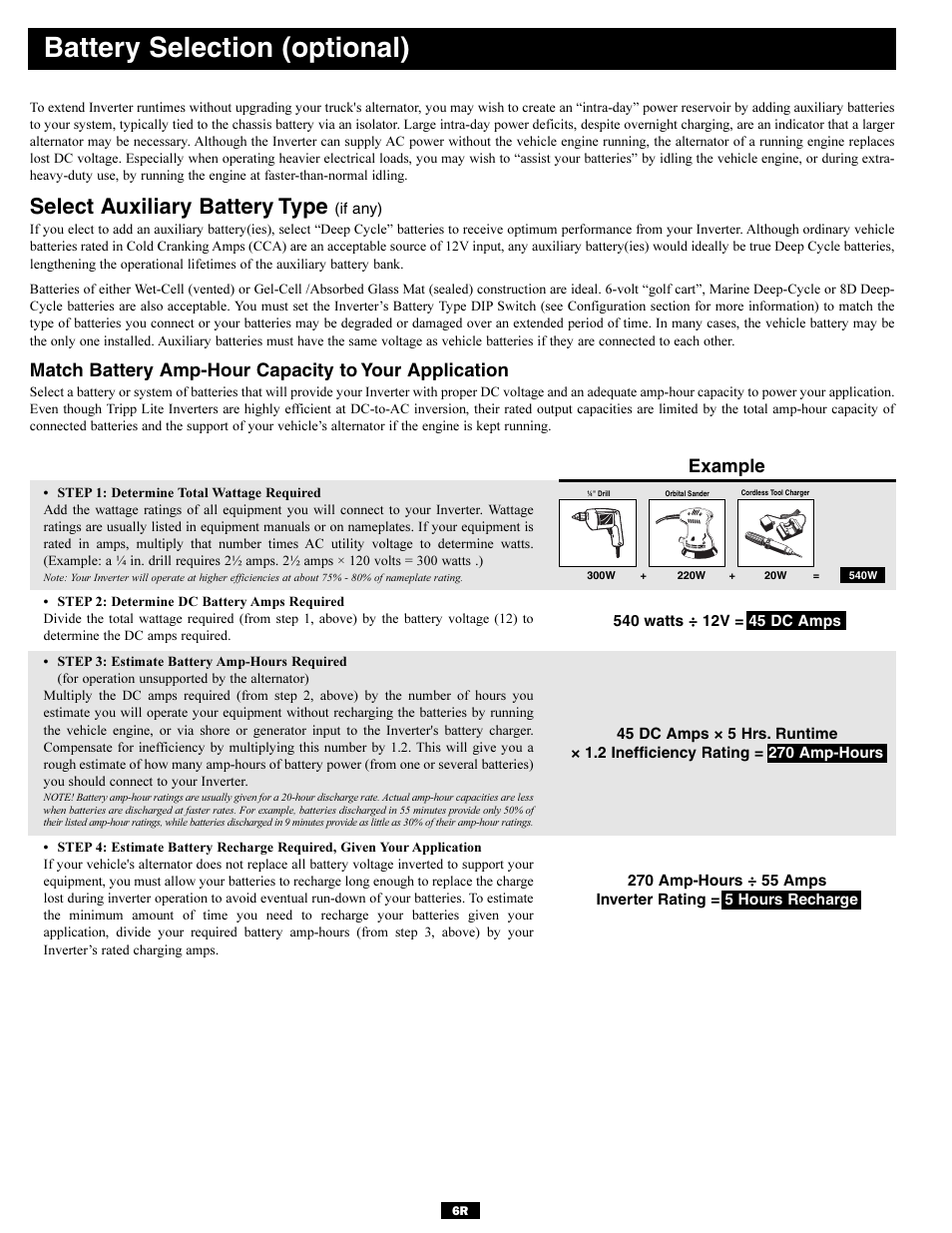 Battery selection (optional), Select auxiliary battery type, Example | Tripp Lite Utility/ Work Truck DC-to-AC Inverters User Manual | Page 6 / 12