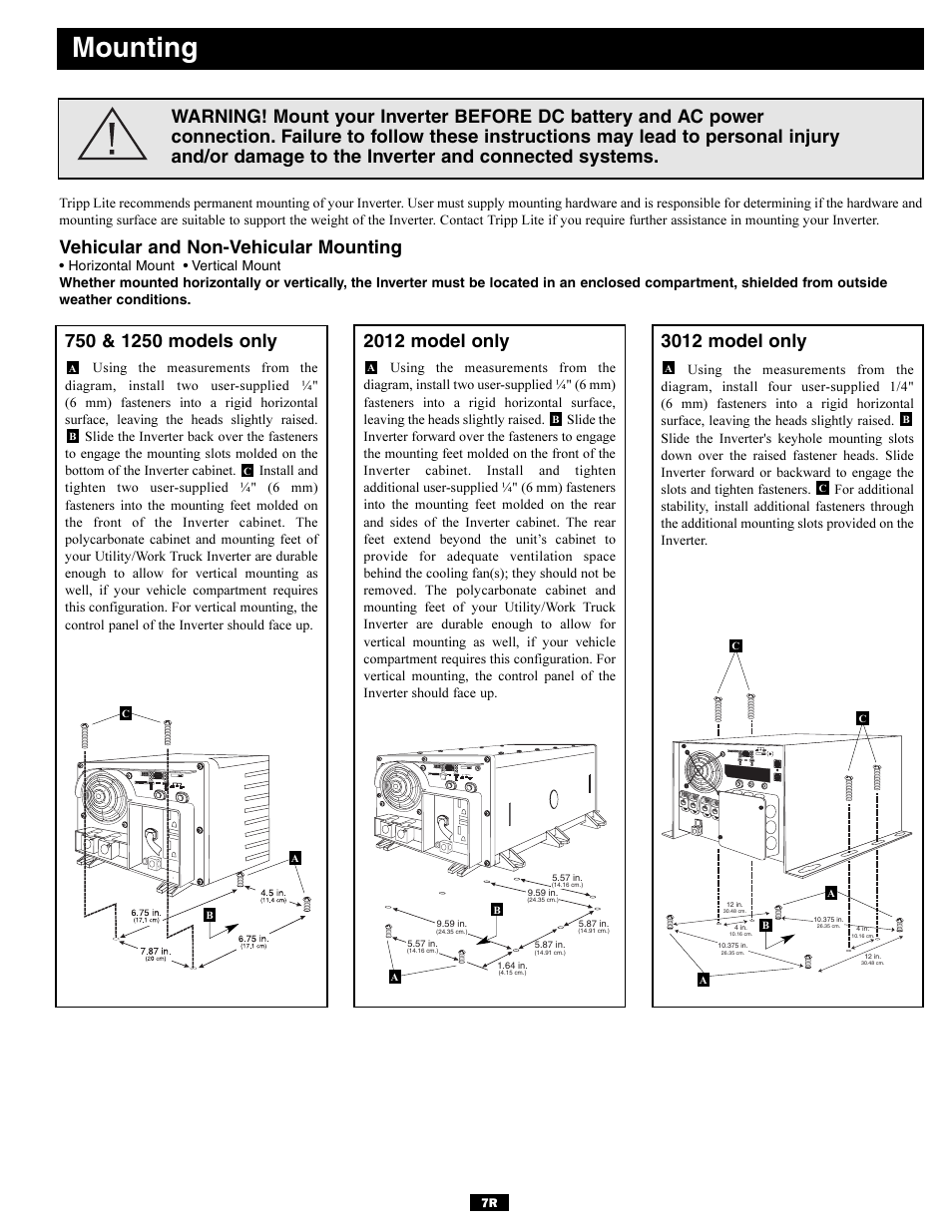 Mounting, Vehicular and non-vehicular mounting, 2012 model only | 3012 model only | Tripp Lite Utility/ Work Truck DC-to-AC Inverters User Manual | Page 7 / 12