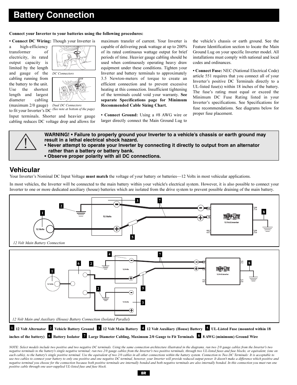 Battery connection, Vehicular | Tripp Lite Utility/ Work Truck DC-to-AC Inverters User Manual | Page 8 / 12