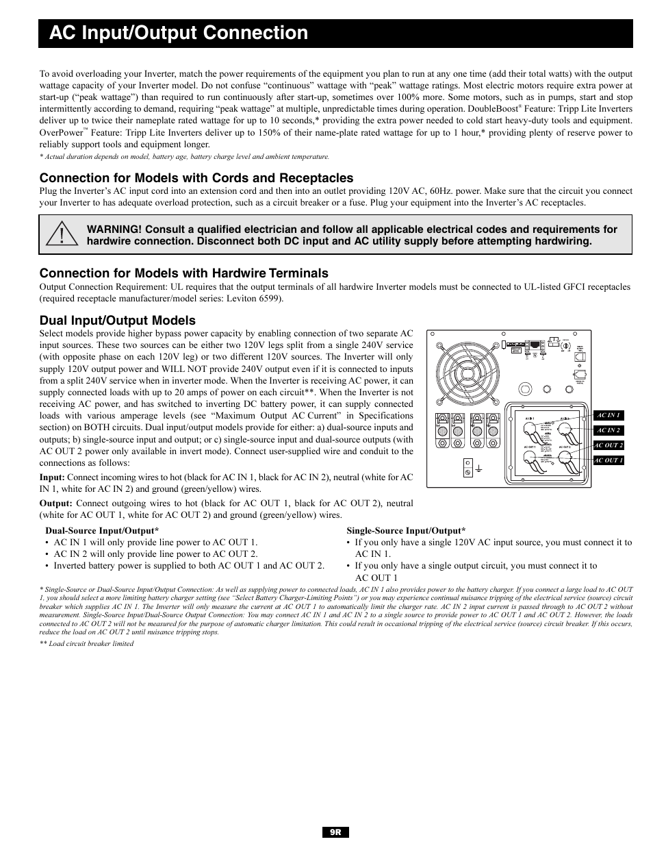 Ac input/output connection, Connection for models with cords and receptacles, Connection for models with hardwire terminals | Dual input/output models | Tripp Lite Utility/ Work Truck DC-to-AC Inverters User Manual | Page 9 / 12