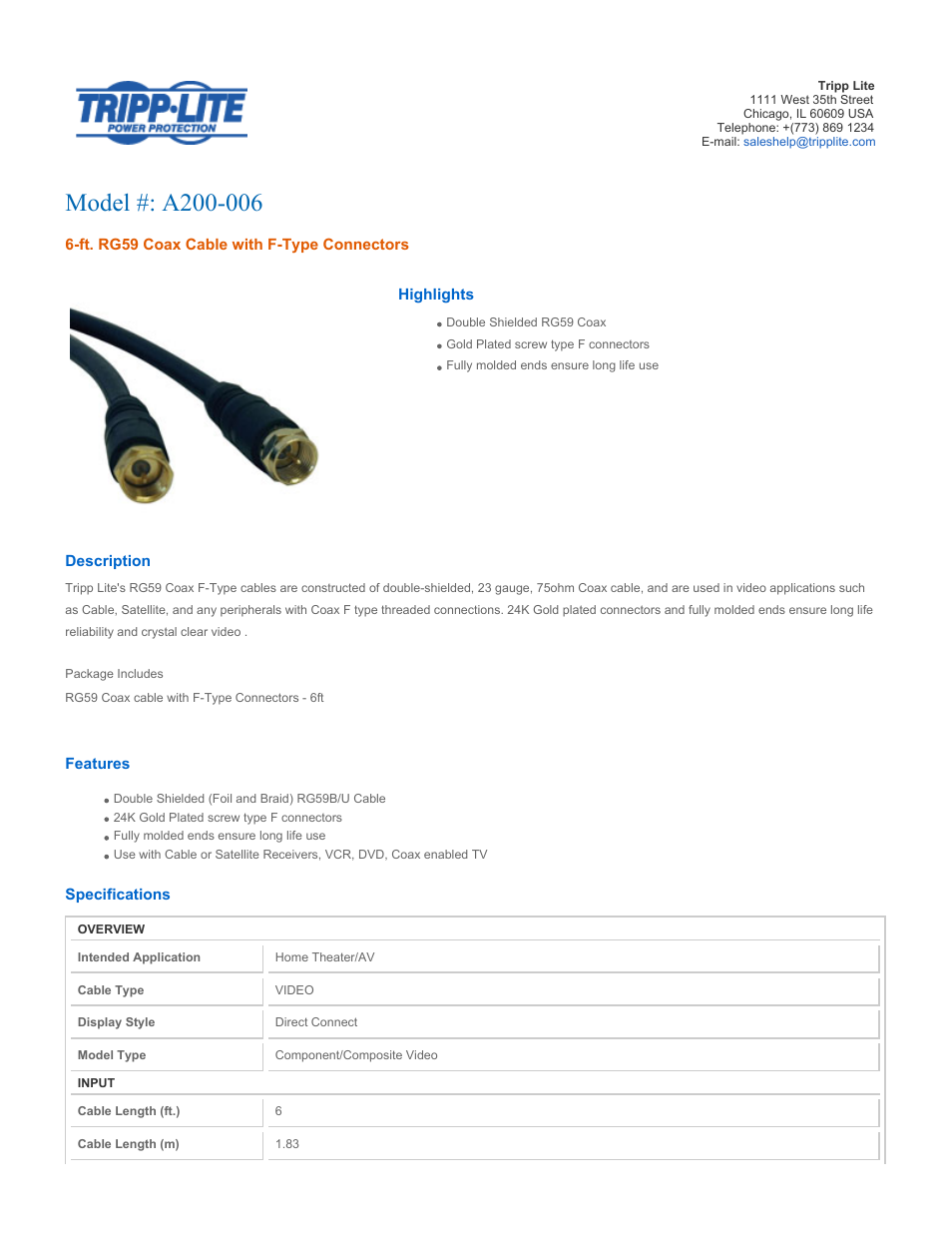 Tripp Lite Coax cable with F-Type Connectors A200-006 User Manual | 2 pages