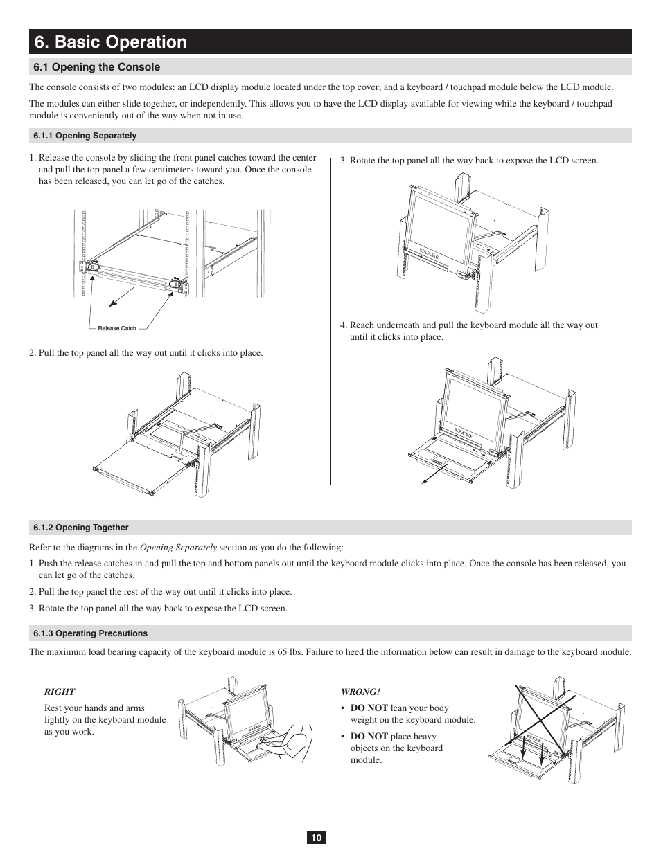 Basic operation, 1 opening the console, 1 opening separately | 2 opening together, 3 operating precautions | Tripp Lite B020-016-17-IP User Manual | Page 10 / 45