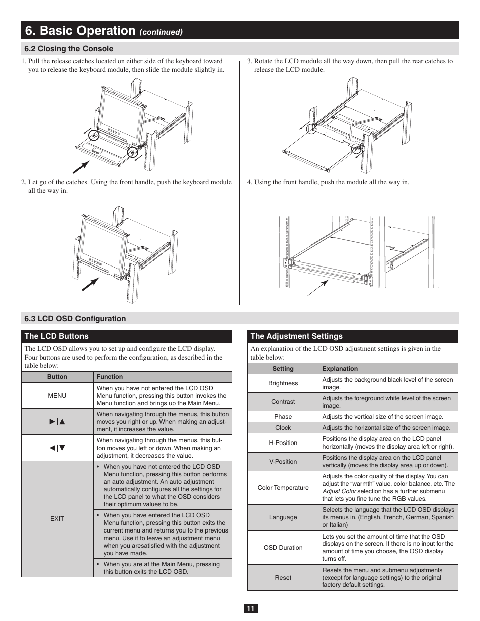 2 closing the console, 3 lcd osd configuration, Basic operation | Tripp Lite B020-016-17-IP User Manual | Page 11 / 45