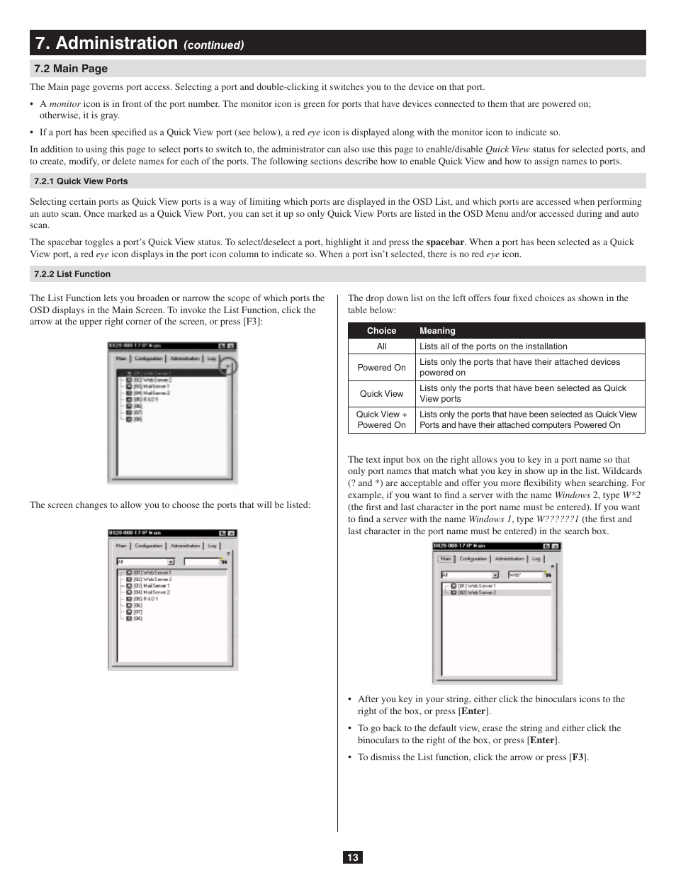 1 quick view ports, 2 list function, Administration | Tripp Lite B020-016-17-IP User Manual | Page 13 / 45