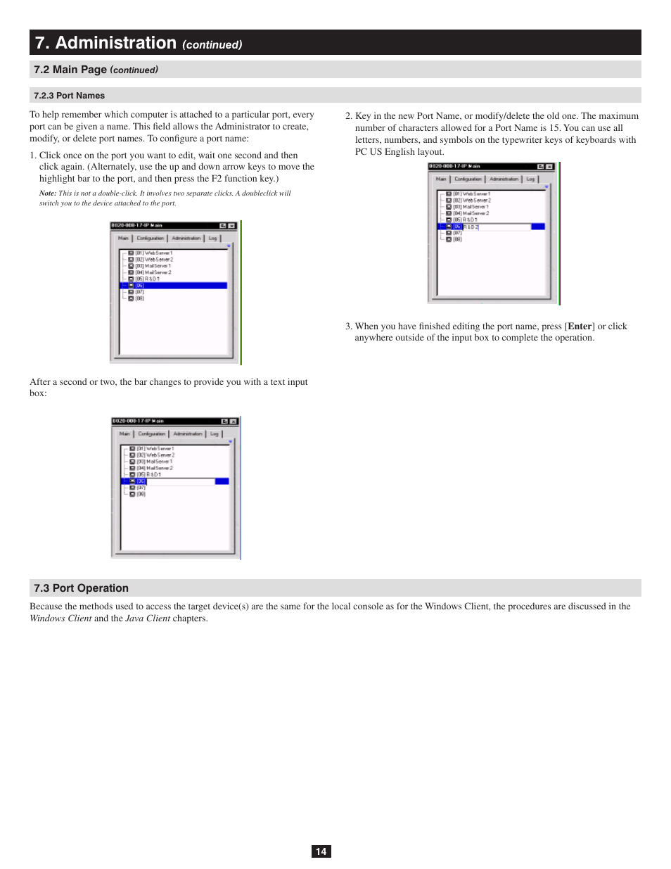 3 port names, 3 port operation, Administration | Tripp Lite B020-016-17-IP User Manual | Page 14 / 45