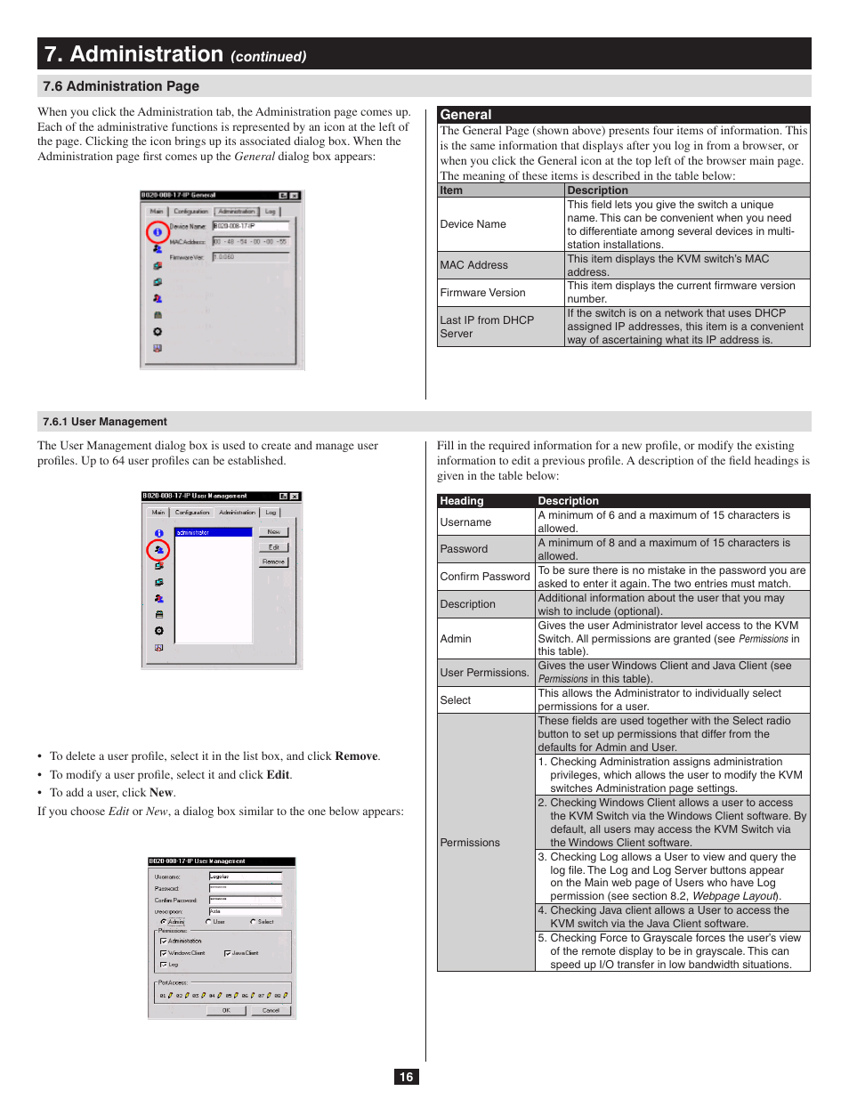 1 user management, Administration | Tripp Lite B020-016-17-IP User Manual | Page 16 / 45