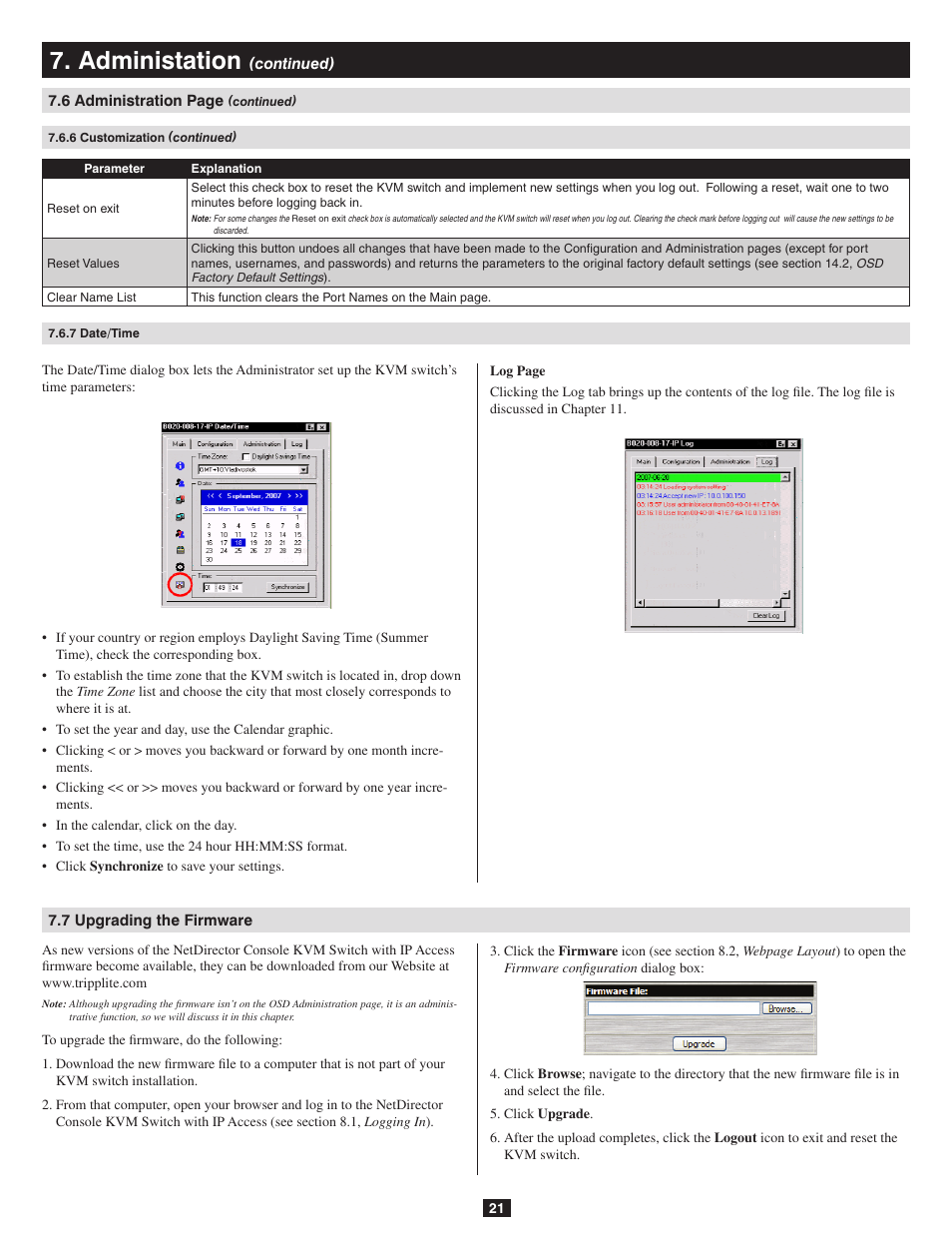 7 date/time, 7 upgrading the firmware, Administation | Tripp Lite B020-016-17-IP User Manual | Page 21 / 45