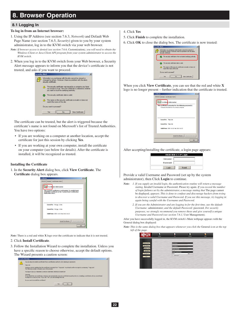 Browser operation, 1 logging in | Tripp Lite B020-016-17-IP User Manual | Page 22 / 45