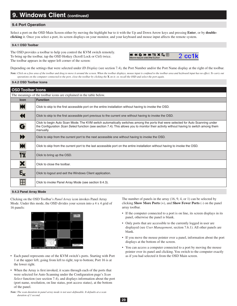 4 port operation, 1 osd toolbar, 2 osd toolbar icons | 3 panel array mode, Windows client | Tripp Lite B020-016-17-IP User Manual | Page 29 / 45