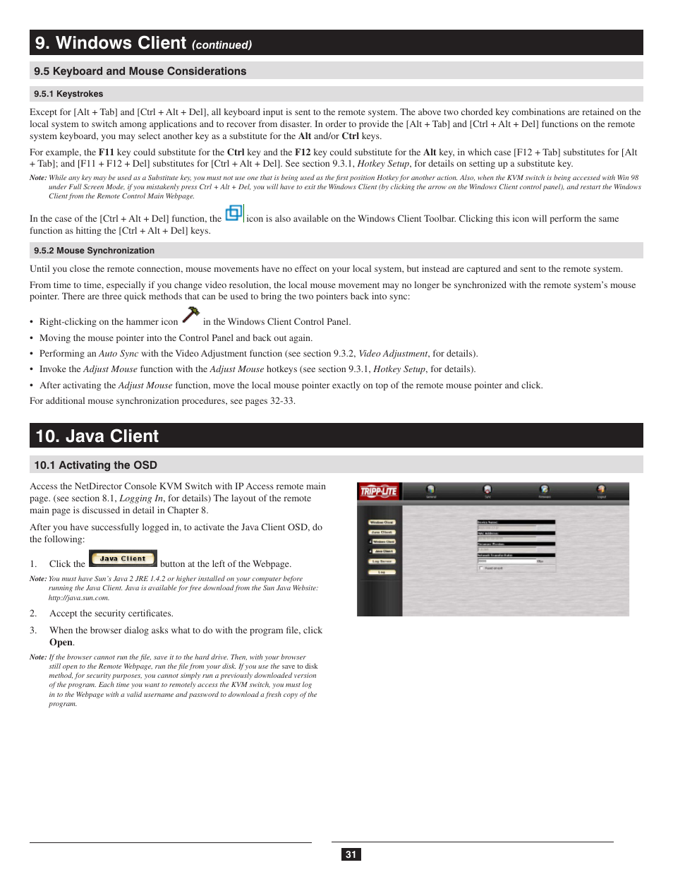 5 keyboard and mouse considerations, 1 keystrokes, 2 mouse synchronization | Java client, 1 activating the osd, Windows client | Tripp Lite B020-016-17-IP User Manual | Page 31 / 45