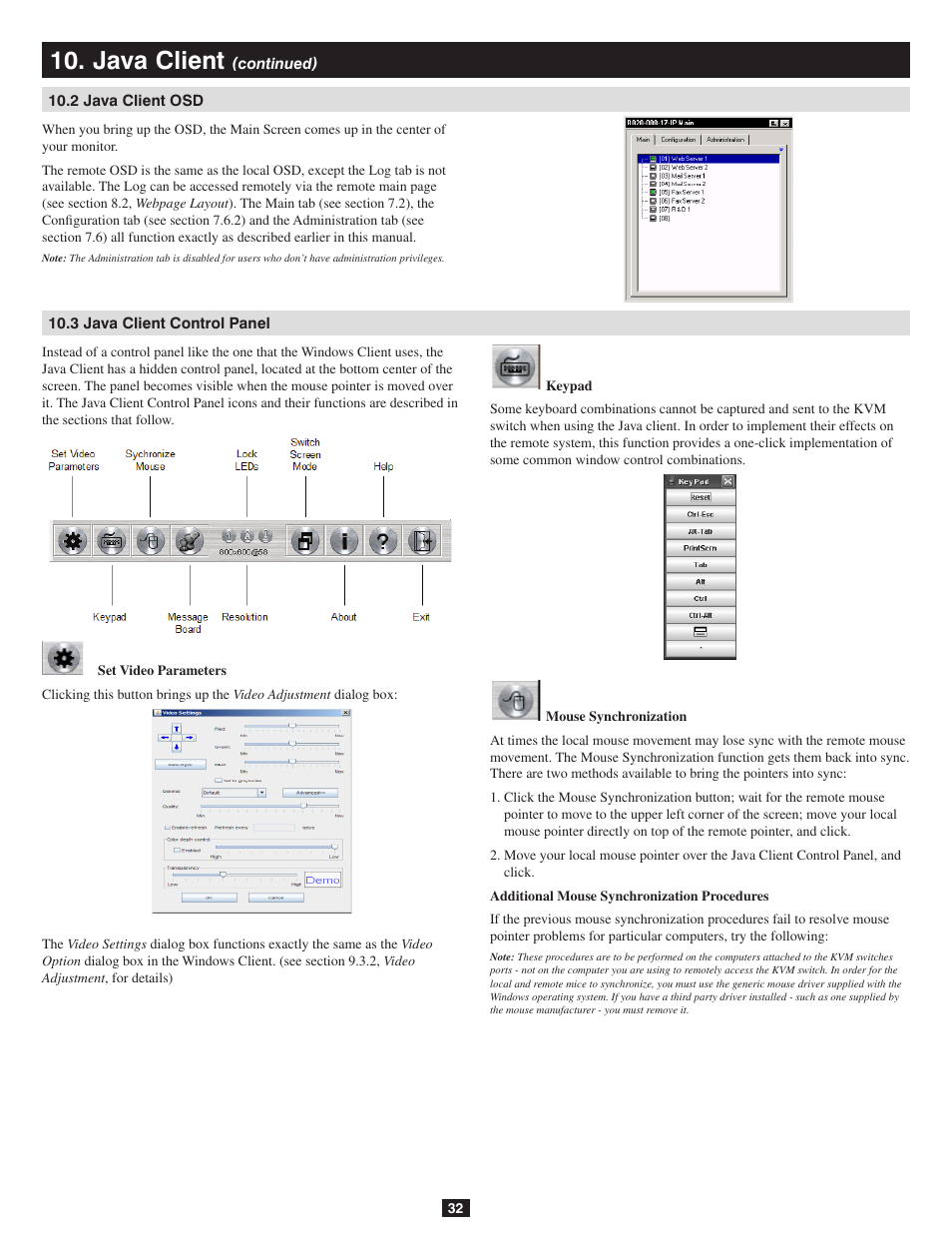 2 java client osd, 3 java client control panel, Java client | Tripp Lite B020-016-17-IP User Manual | Page 32 / 45
