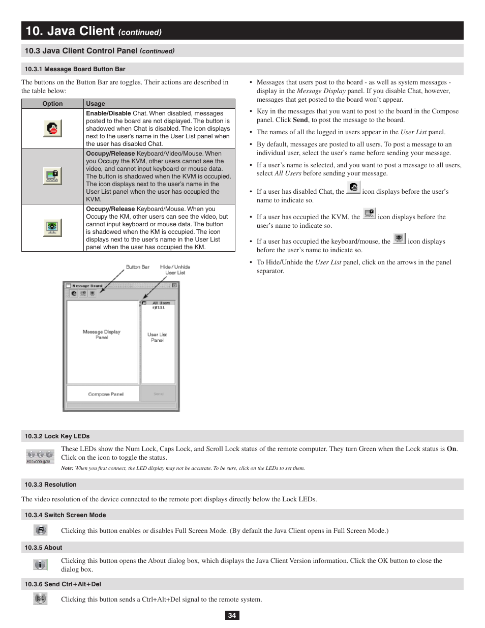 1 message board button bar, 2 lock key leds, 3 resolution | 4 switch screen mode, 5 about, 6 send ctrl+alt+del, Java client | Tripp Lite B020-016-17-IP User Manual | Page 34 / 45