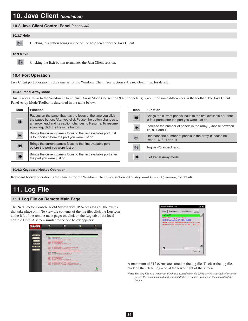7 help, 8 exit, 4 port operation | 1 panel array mode, 2 keyboard hotkey operation, Log file, Java client | Tripp Lite B020-016-17-IP User Manual | Page 35 / 45