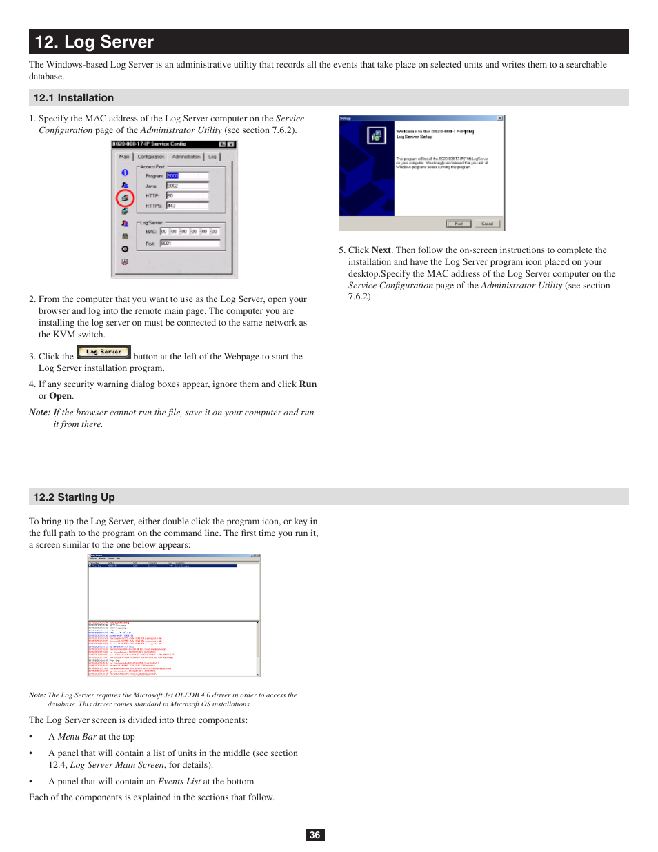 Log server, 1 installation, 2 starting up | Tripp Lite B020-016-17-IP User Manual | Page 36 / 45