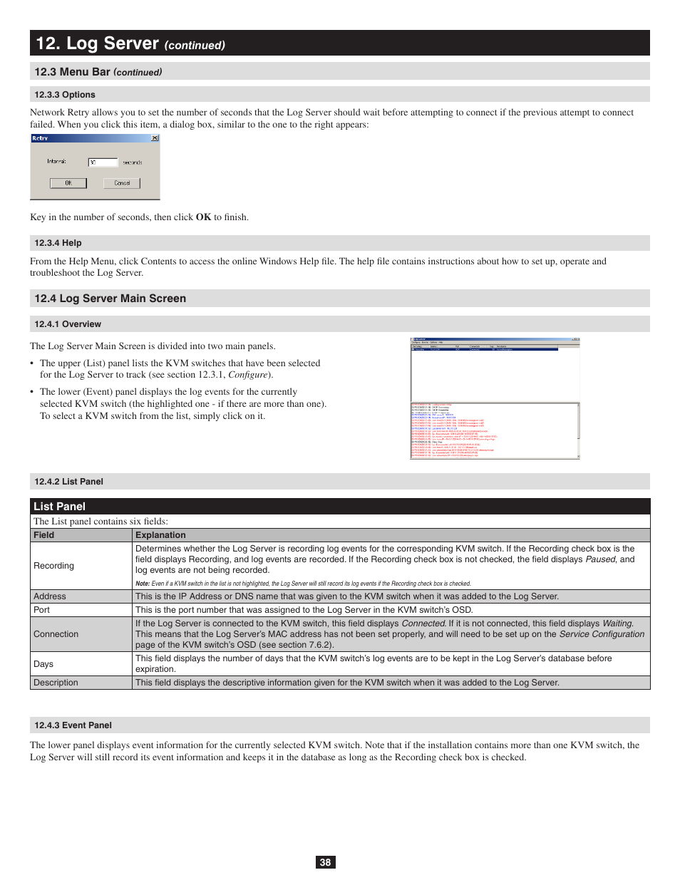 3 options, 4 help, 4 log server main screen | 1 overview, 2 list panel, 3 event panel, Log server | Tripp Lite B020-016-17-IP User Manual | Page 38 / 45