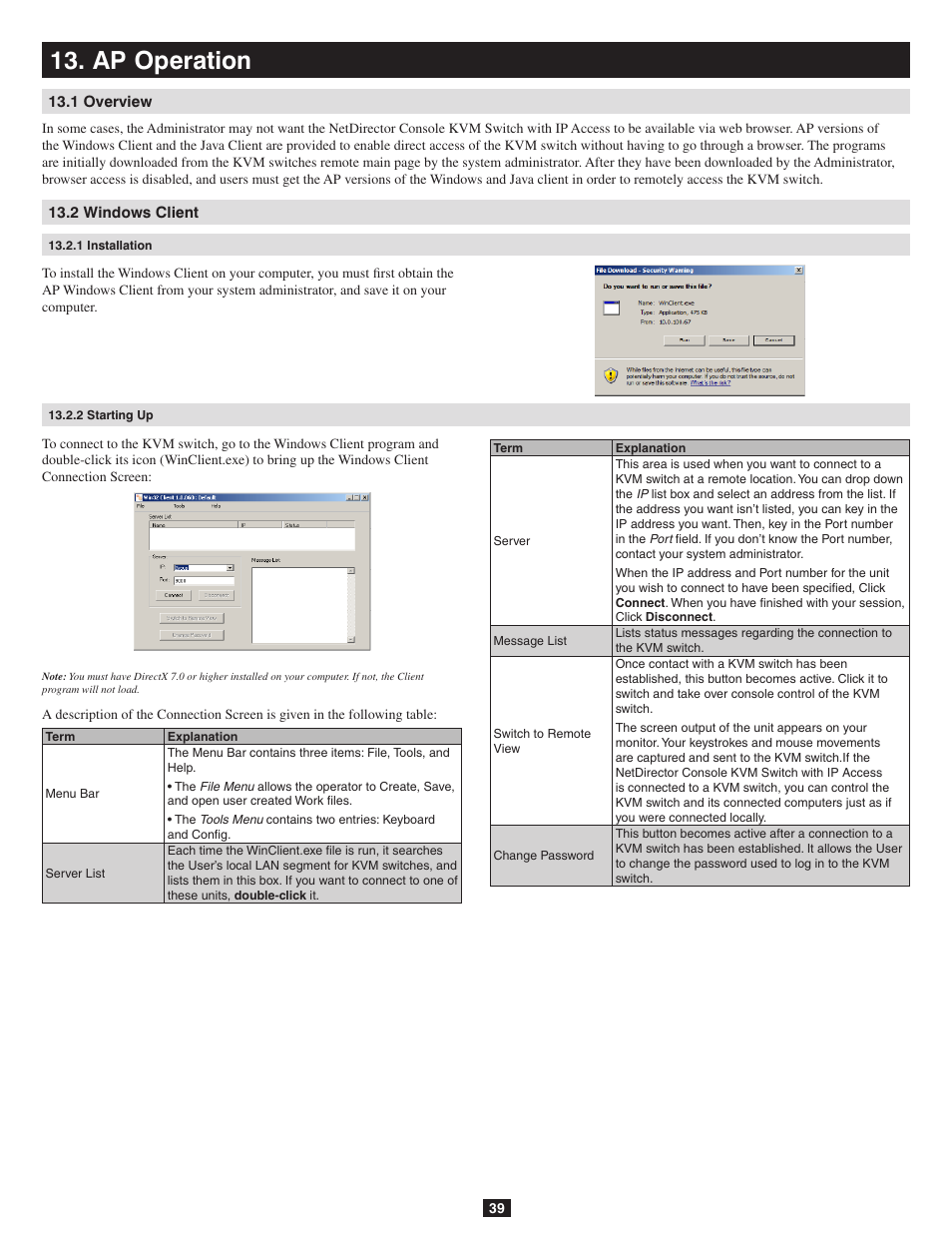 Ap operation, 1 overview, 2 windows client | 1 installation, 2 starting up | Tripp Lite B020-016-17-IP User Manual | Page 39 / 45