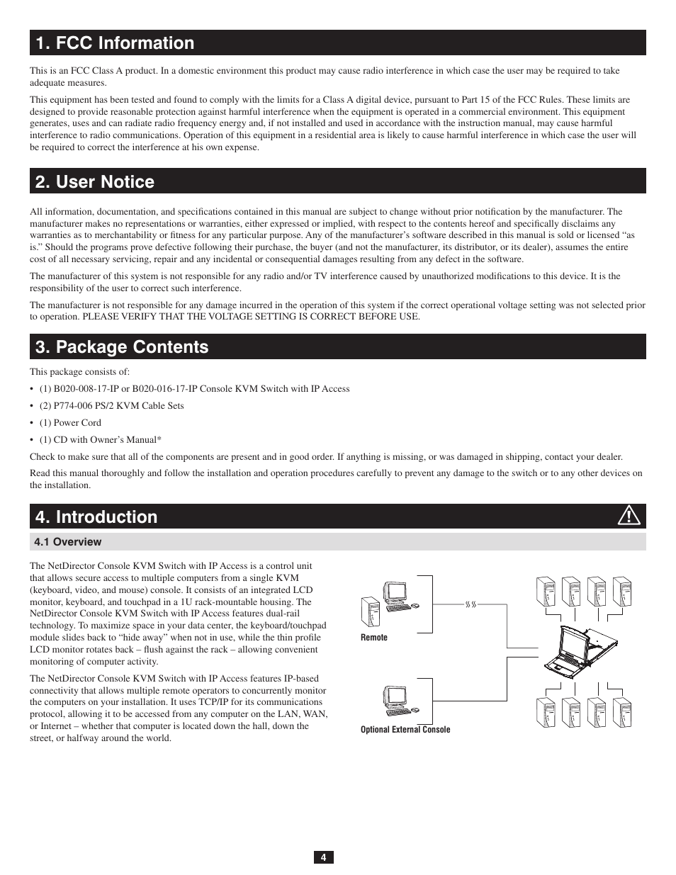 Fcc information, User notice, Package contents | Introduction, 1 overview, Fcc information 2. user notice 3. package contents | Tripp Lite B020-016-17-IP User Manual | Page 4 / 45