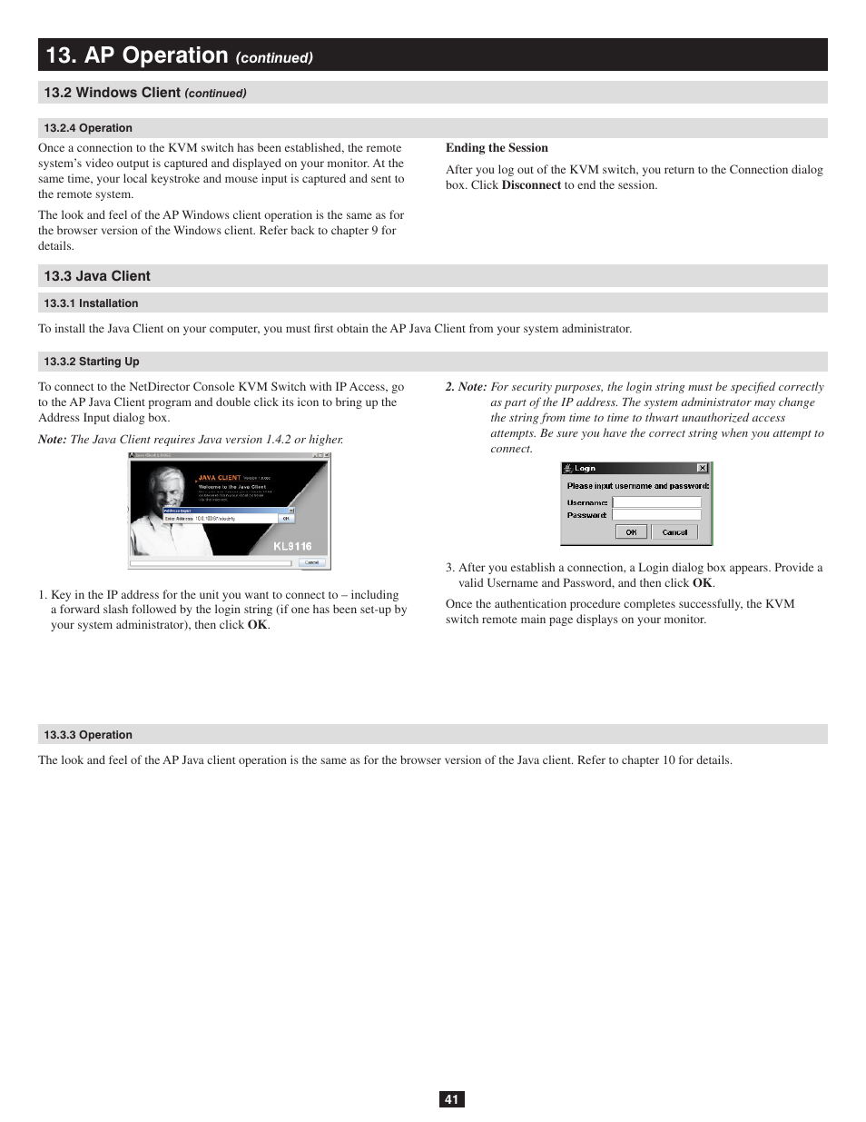 4 operation, 3 java client, 1 installation | 2 starting up, 3 operation, Ap operation | Tripp Lite B020-016-17-IP User Manual | Page 41 / 45