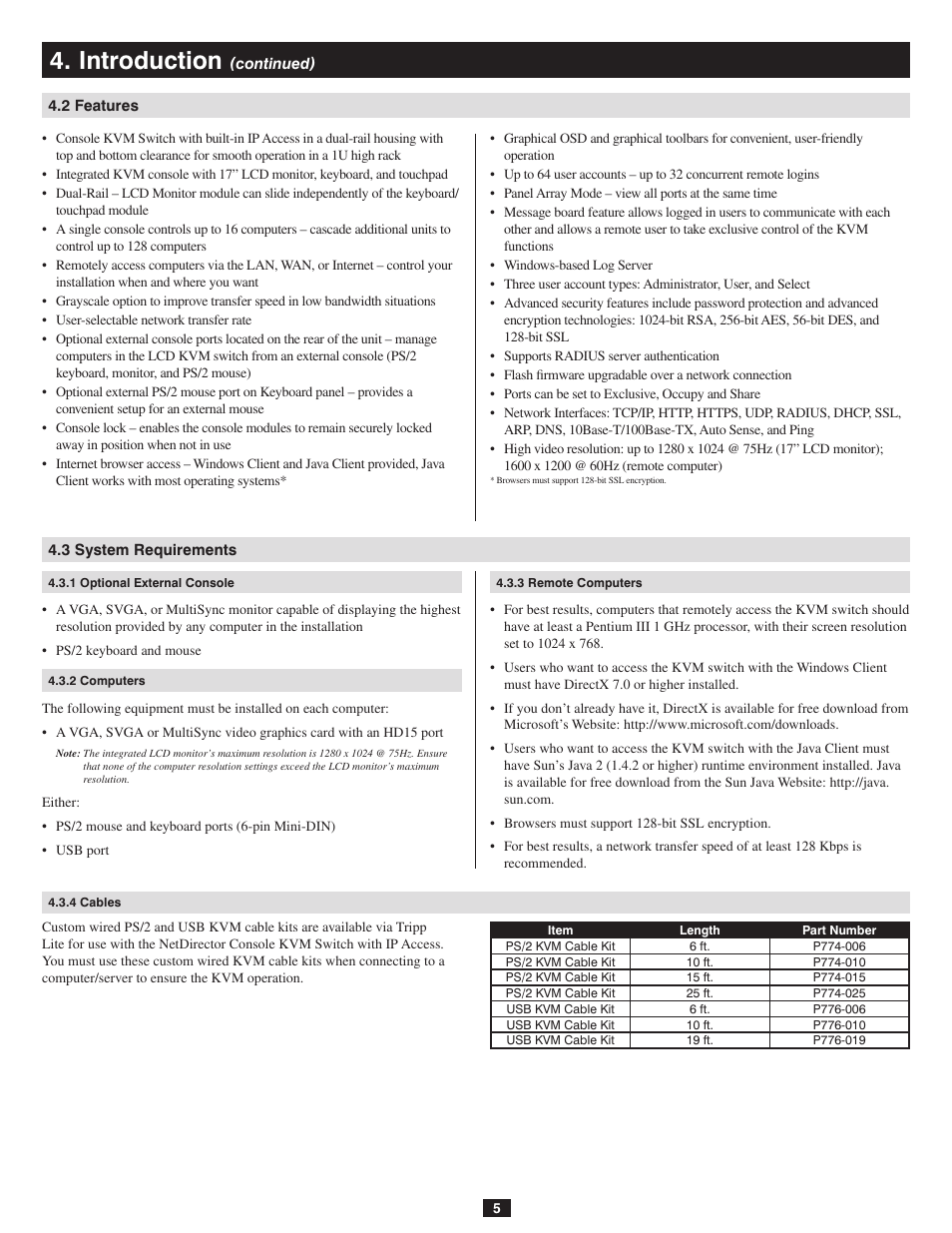2 features, 3 system requirements, 1 optional external console | 2 computers, 4 cables, 3 remote computers, Introduction | Tripp Lite B020-016-17-IP User Manual | Page 5 / 45