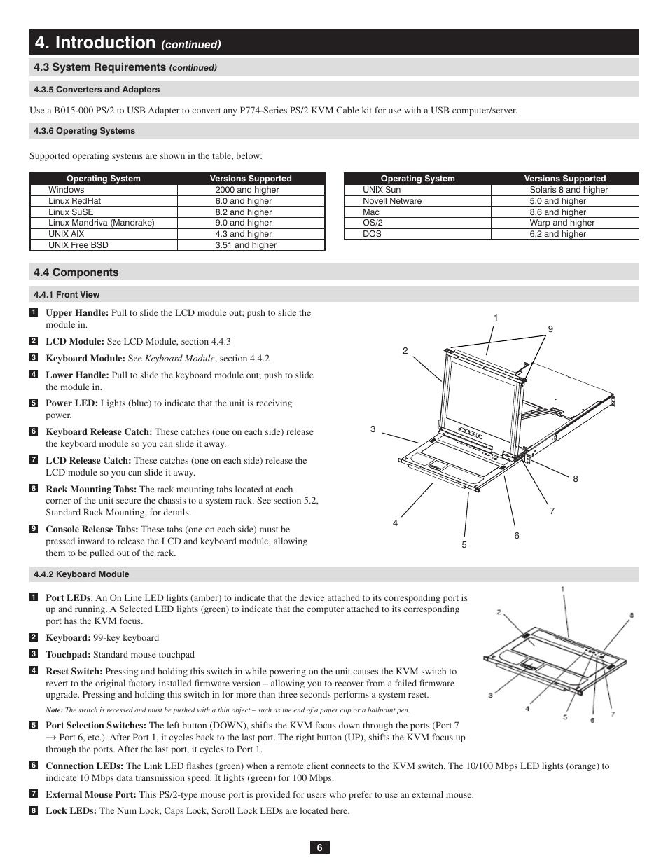 5 converters and adapters, 6 operating systems, 4 components | 1 front view, 2 keyboard module, Introduction | Tripp Lite B020-016-17-IP User Manual | Page 6 / 45