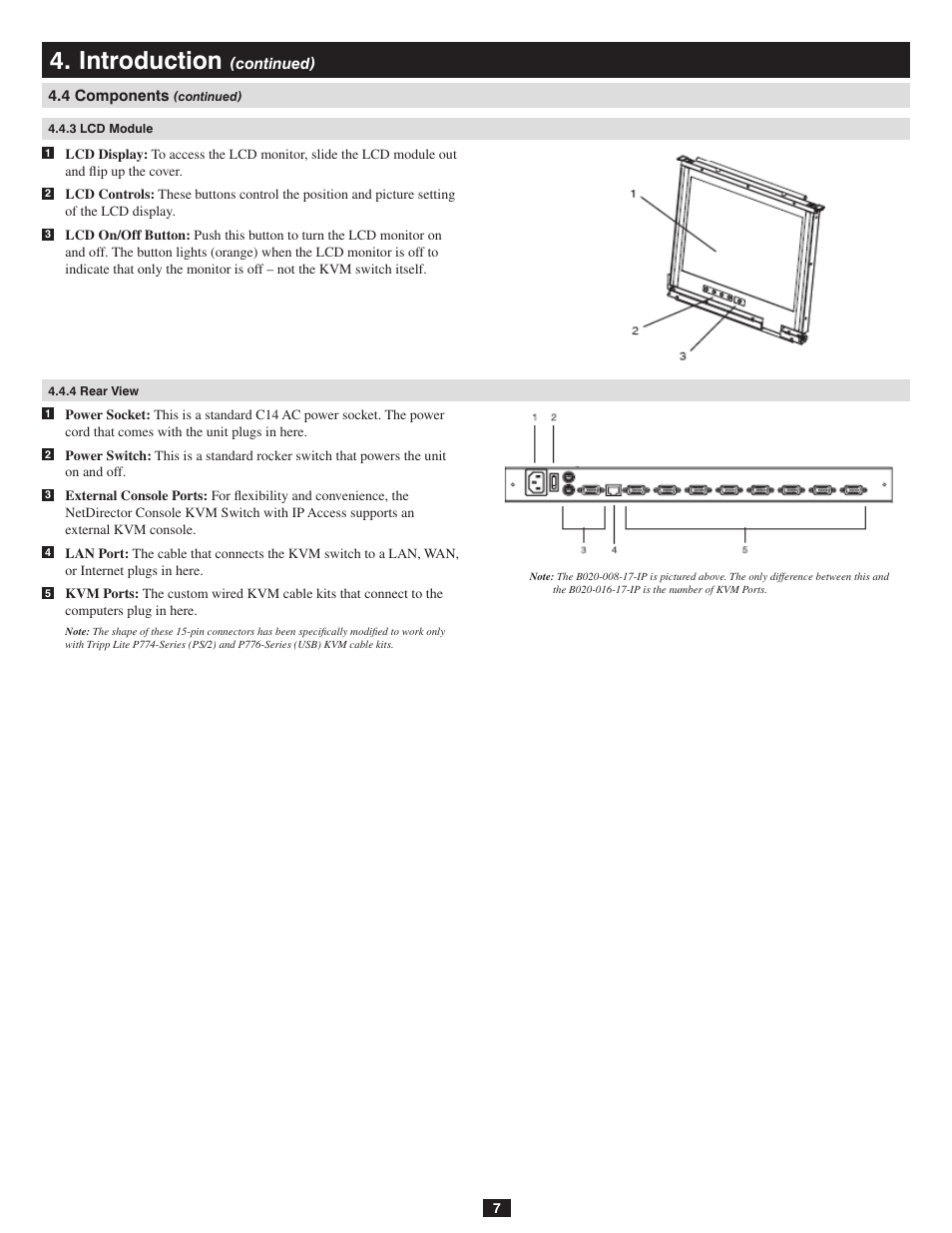 3 lcd module, 4 rear view, Introduction | Tripp Lite B020-016-17-IP User Manual | Page 7 / 45