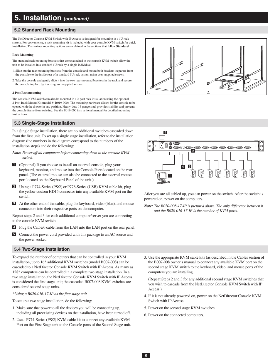 2 standard rack mounting, 3 single-stage installation, 4 two-stage installation | Installation | Tripp Lite B020-016-17-IP User Manual | Page 9 / 45