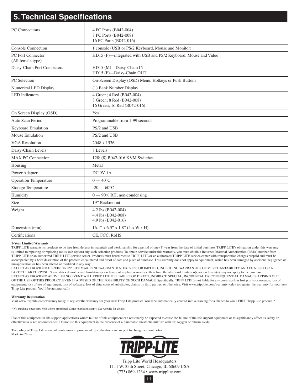 Technical specifications | Tripp Lite B042-016 User Manual | Page 11 / 11