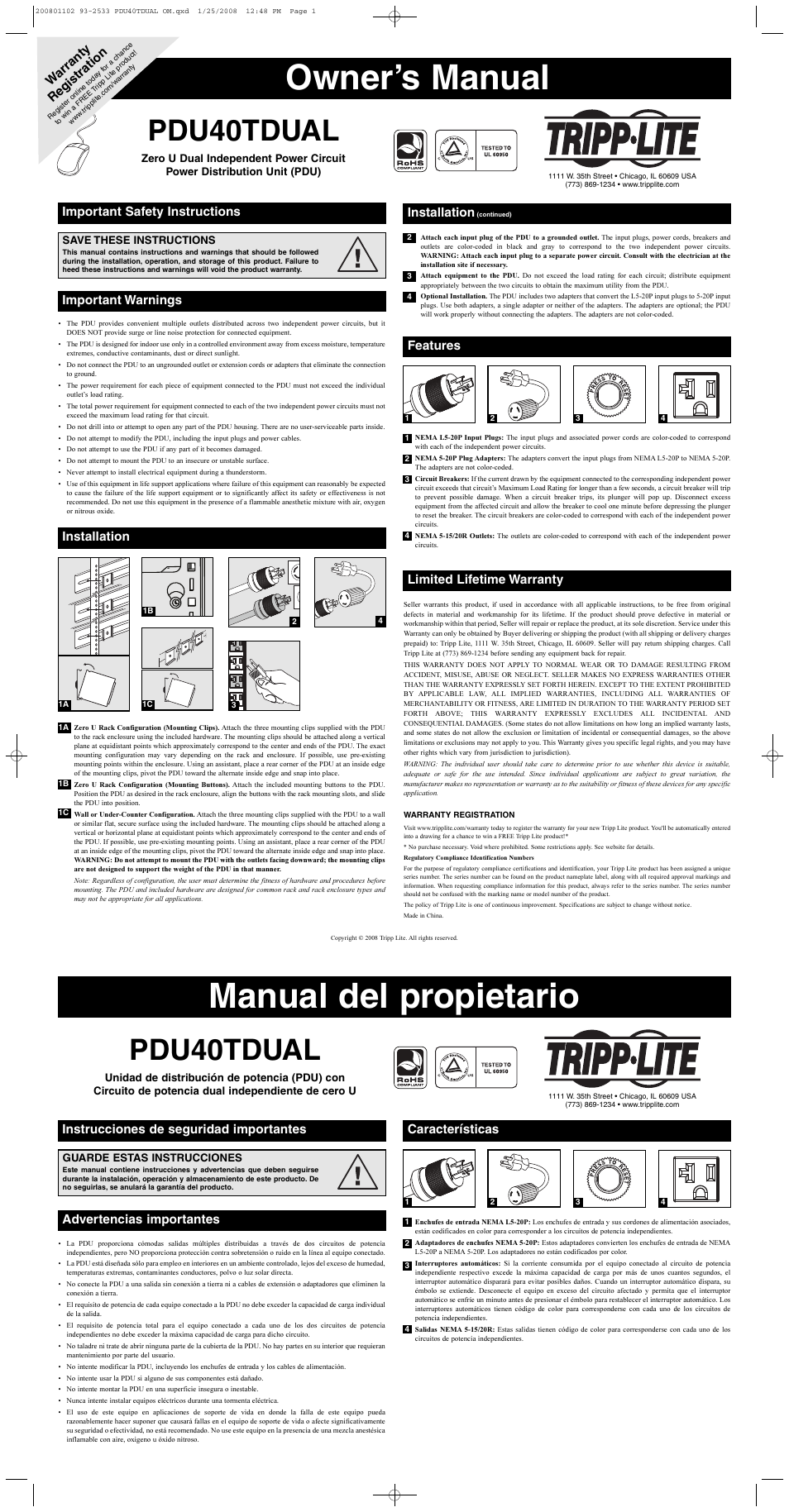 Tripp Lite PDU40TDUAL User Manual | 2 pages