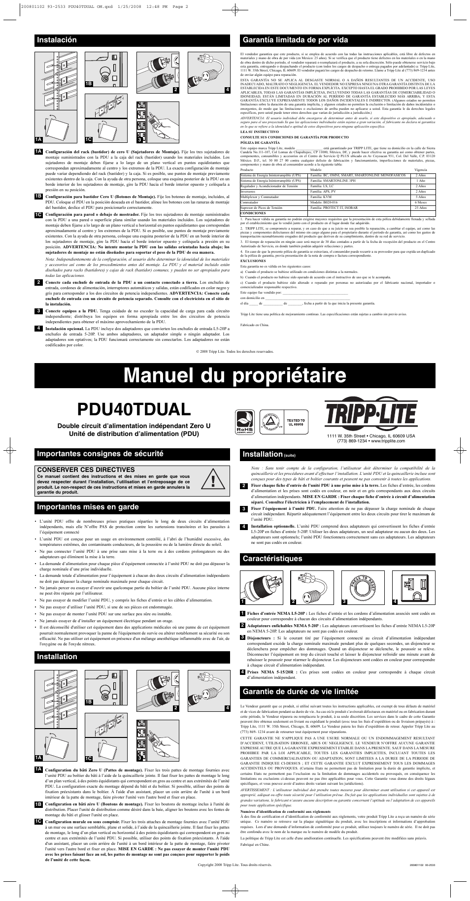 Manuel du propriétaire, Pdu40tdual, Instalación garantía limitada de por vida | Importantes consignes de sécurité, Importantes mises en garde caractéristiques, Installation, Garantie de durée de vie limitée, Conserver ces directives | Tripp Lite PDU40TDUAL User Manual | Page 2 / 2