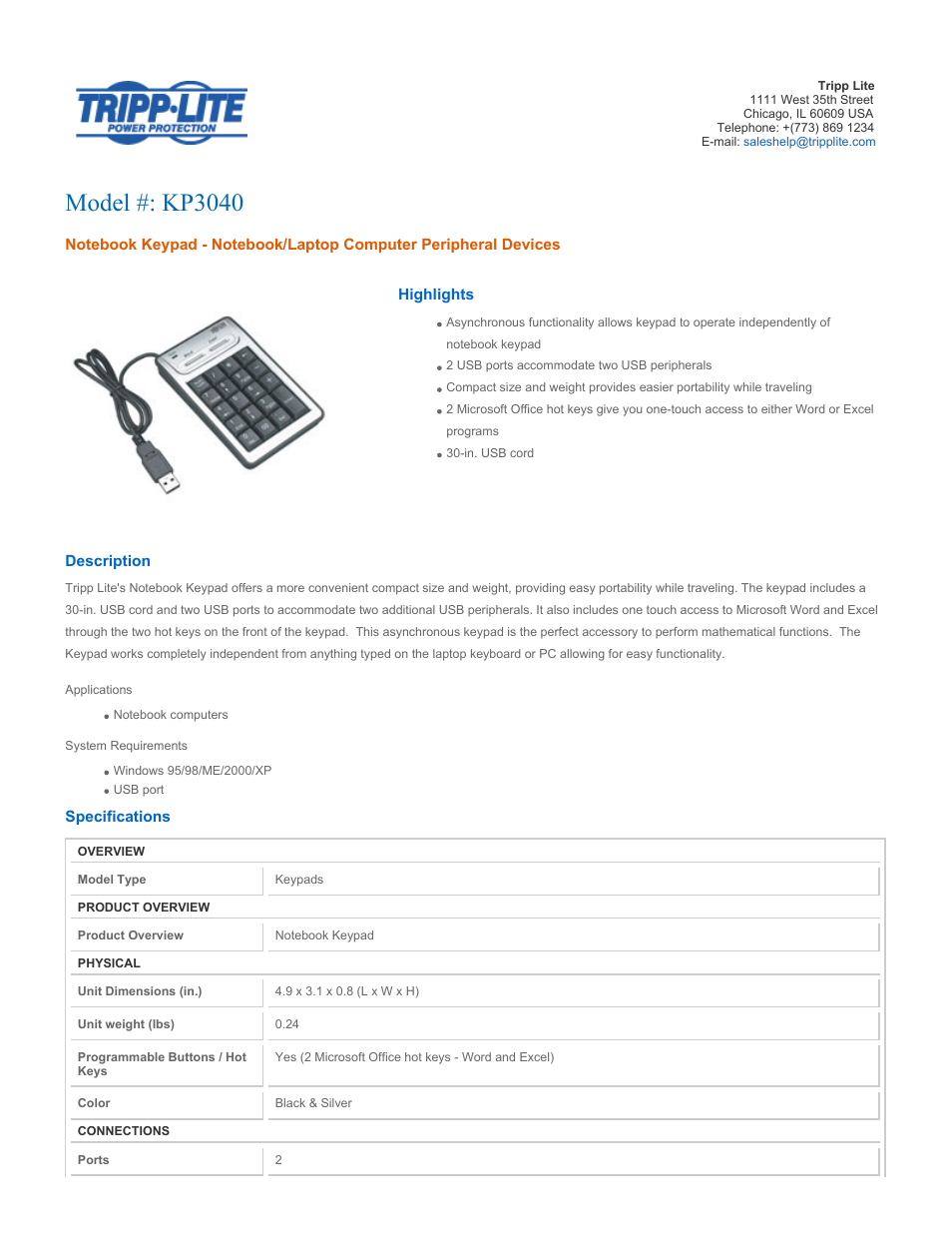 Tripp Lite KP3040 User Manual | 2 pages