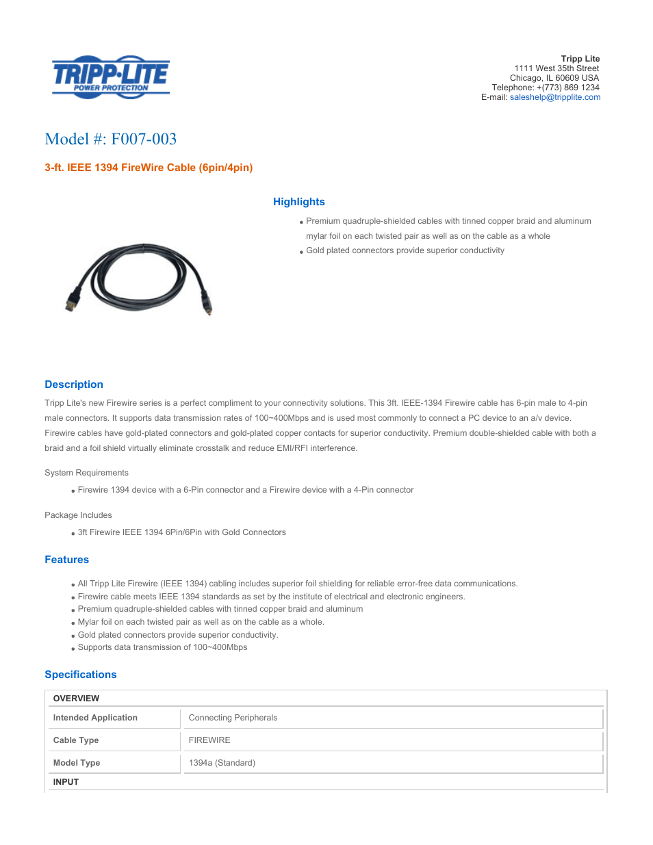 Tripp Lite FireWire F007-003 User Manual | 2 pages