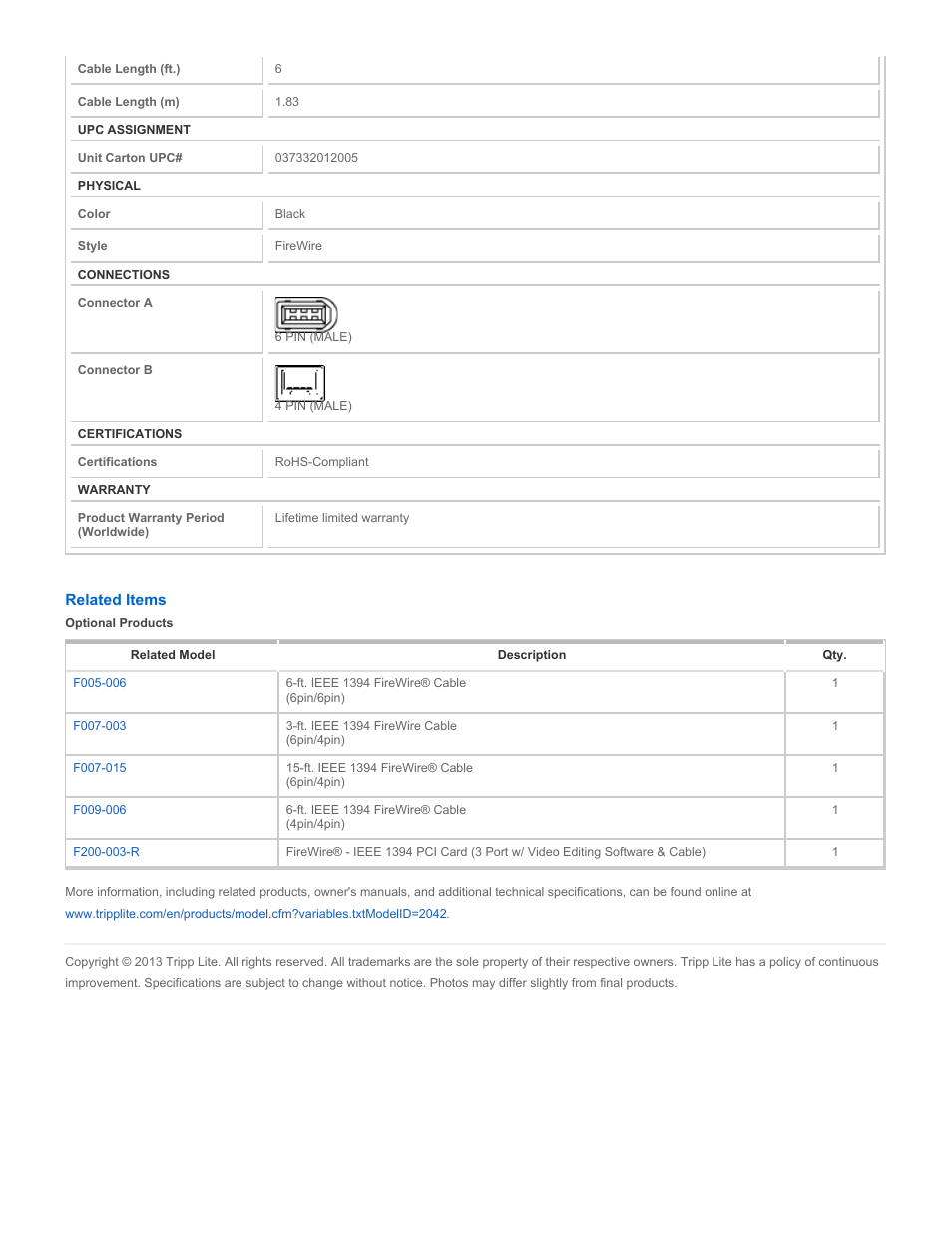 Tripp Lite F007-006 User Manual | Page 2 / 2