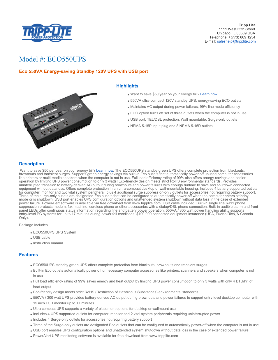 Tripp Lite ECO550UPS User Manual | 4 pages