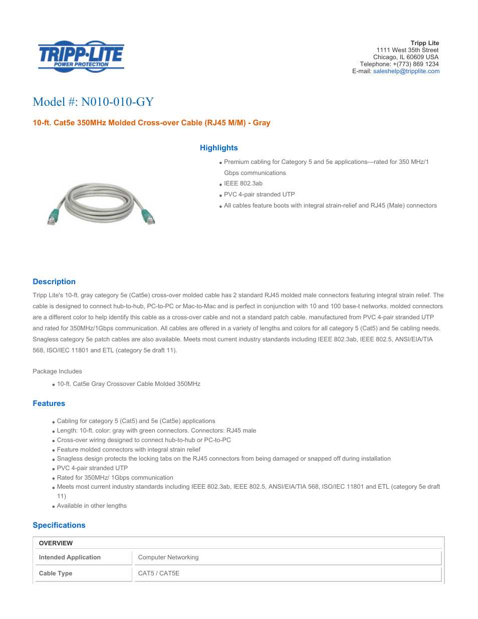 Tripp Lite N010-010-GY User Manual | 3 pages