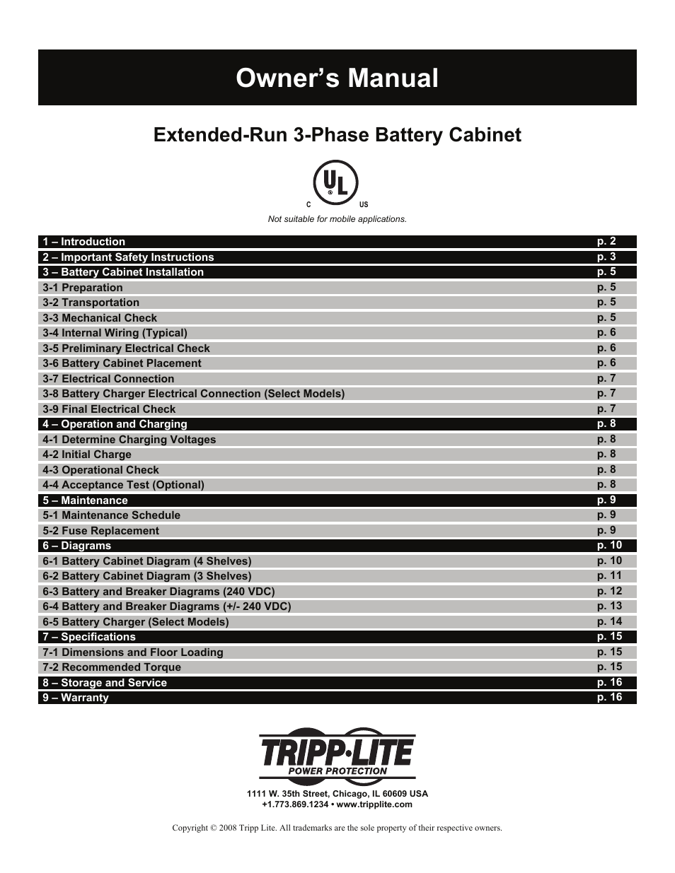 Tripp Lite Extended-Run 3-Phase Battery Cabinet User Manual | 16 pages