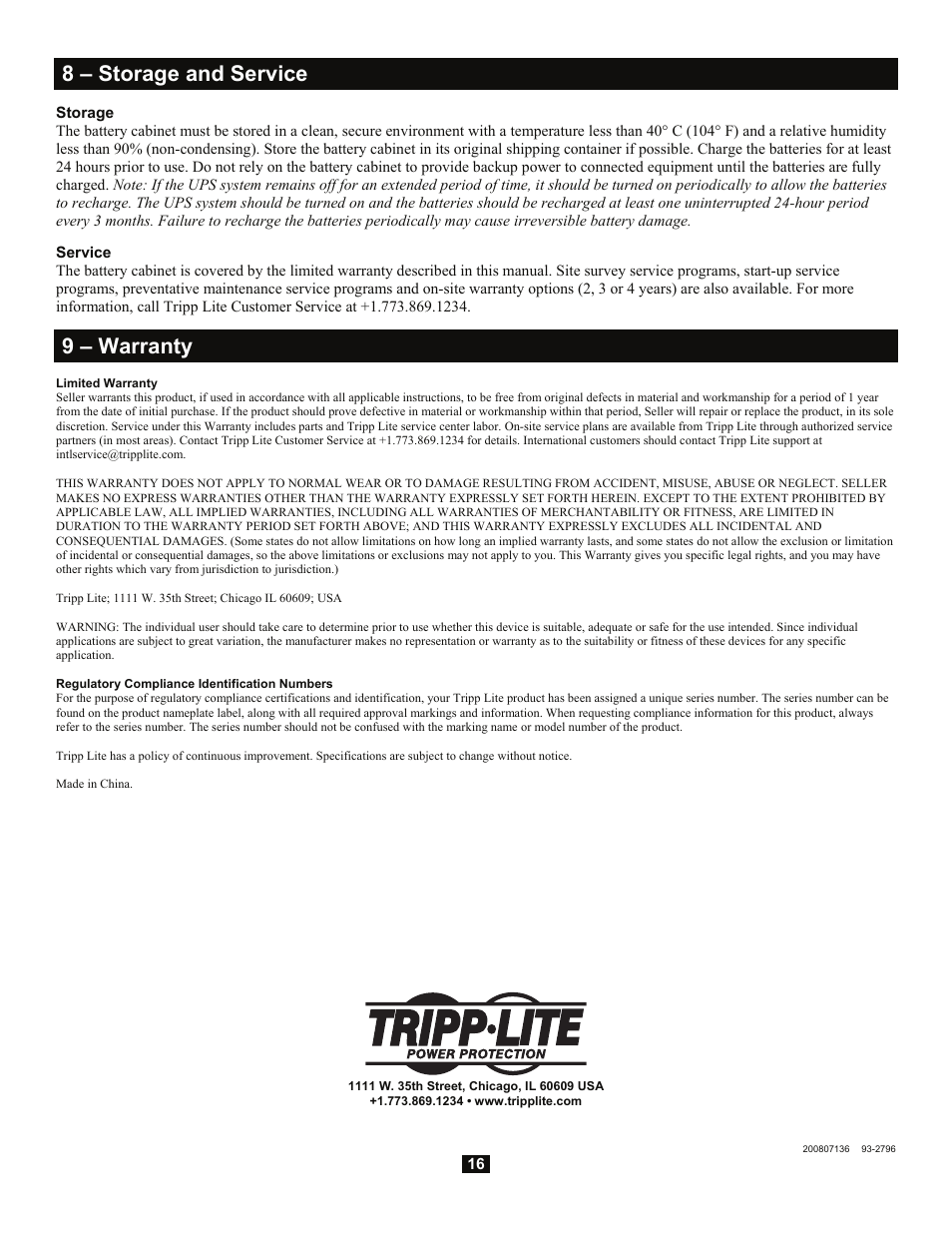 8 – storage and service, 9 – warranty | Tripp Lite Extended-Run 3-Phase Battery Cabinet User Manual | Page 16 / 16