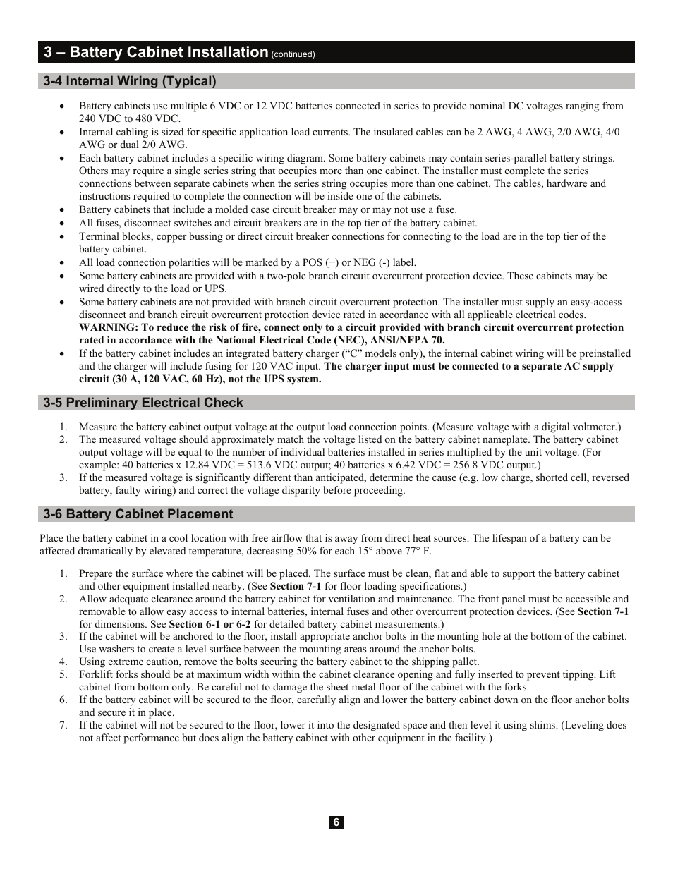 3 – battery cabinet installation, 4 internal wiring (typical), 5 preliminary electrical check | 6 battery cabinet placement | Tripp Lite Extended-Run 3-Phase Battery Cabinet User Manual | Page 6 / 16