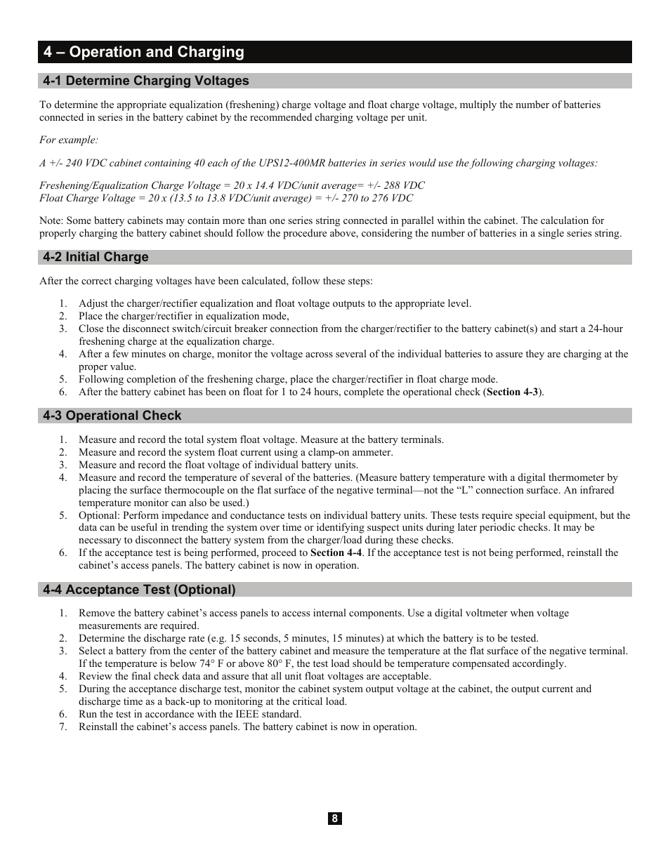 4 – operation and charging, 1 determine charging voltages, 2 initial charge | 3 operational check, 4 acceptance test (optional) | Tripp Lite Extended-Run 3-Phase Battery Cabinet User Manual | Page 8 / 16