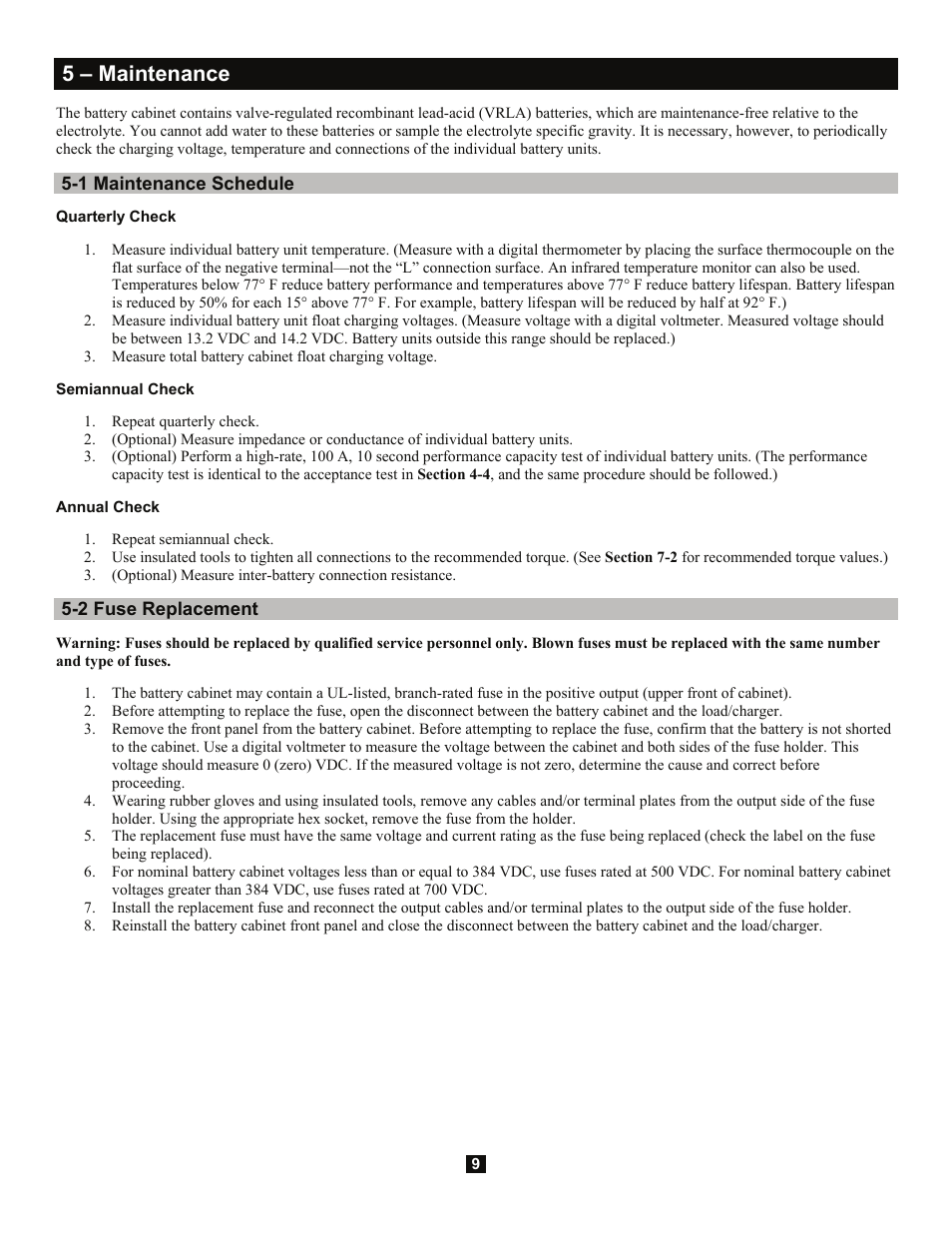 5 – maintenance, 1 maintenance schedule, 2 fuse replacement | Tripp Lite Extended-Run 3-Phase Battery Cabinet User Manual | Page 9 / 16