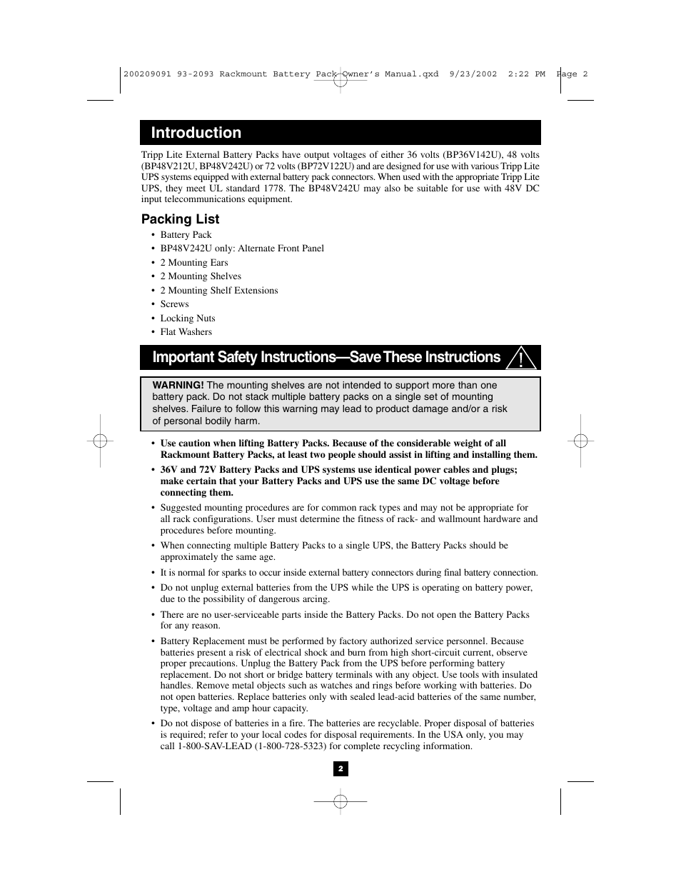 Introduction, Packing list | Tripp Lite BP36V142U User Manual | Page 2 / 5