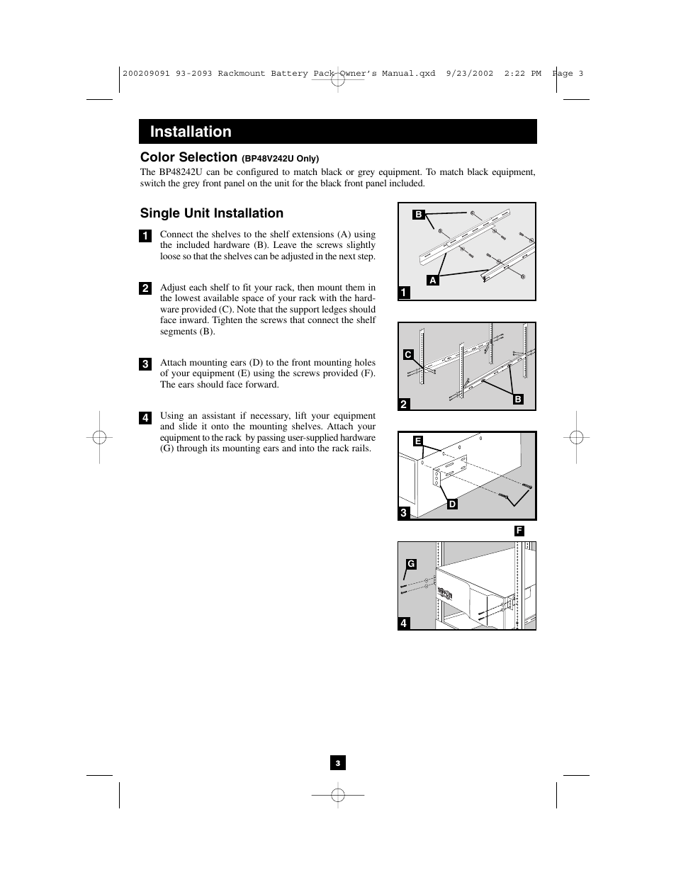 Installation, Color selection, Single unit installation | Tripp Lite BP36V142U User Manual | Page 3 / 5